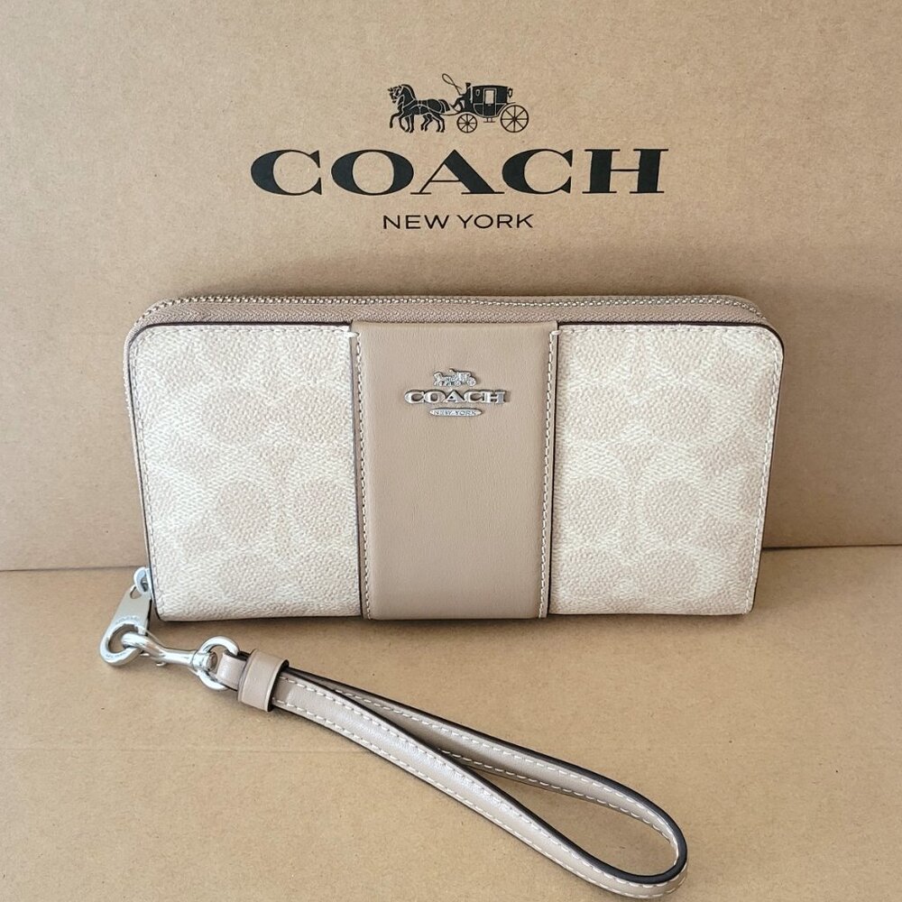 Coach CW947 Long Zip Around Wallet Signature Stripe Clutch Wristlet Sand Taupe - Picture 2 of 5